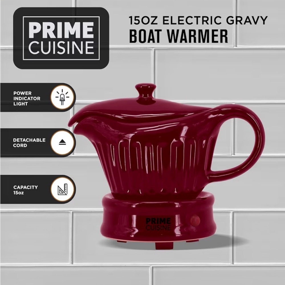 Prime Cuisine Electric Gravy Boat Warmer, Burgundy - Picture 3 of 3